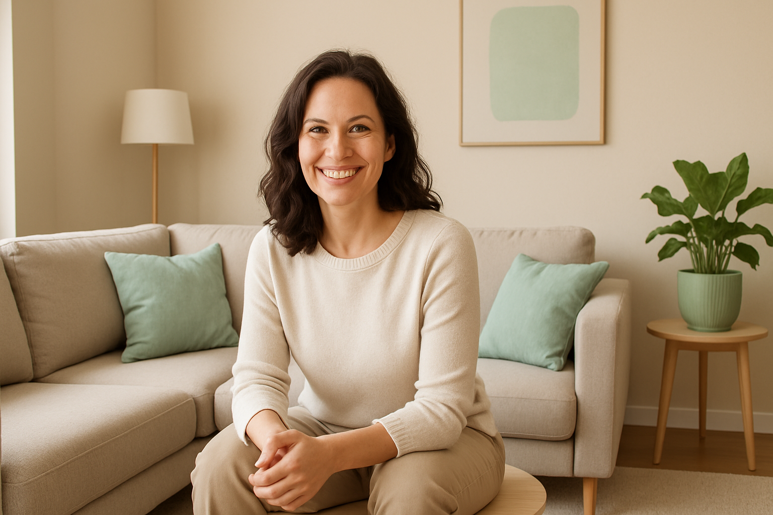 happy woman in mordern living room with beige colors and green pastel accent, looking at the camera